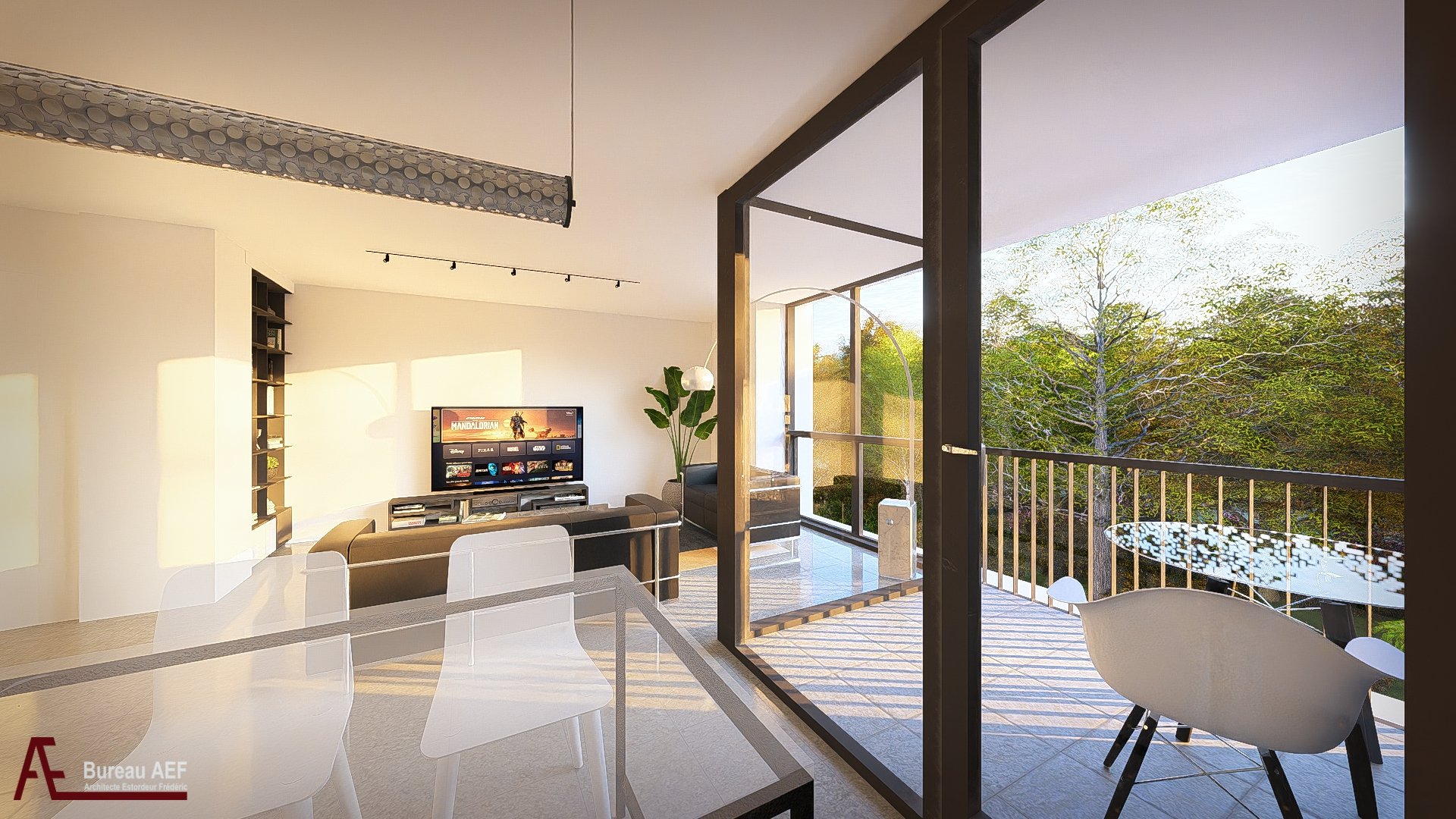 Salon d'un appartement L'Écrin Vert, lumière naturelle et finitions sobres