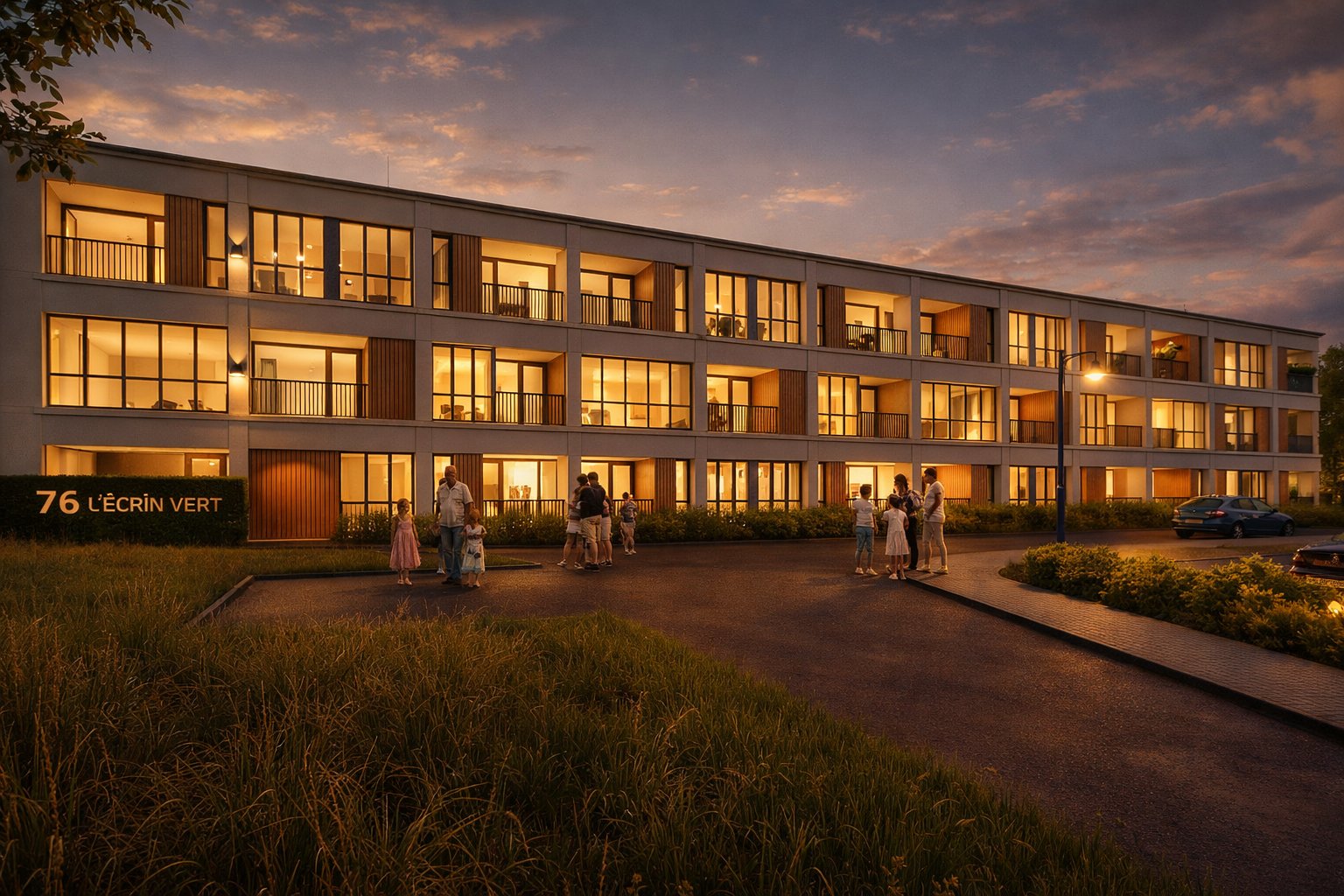 Façade au coucher du soleil, architecture recomposée en bois