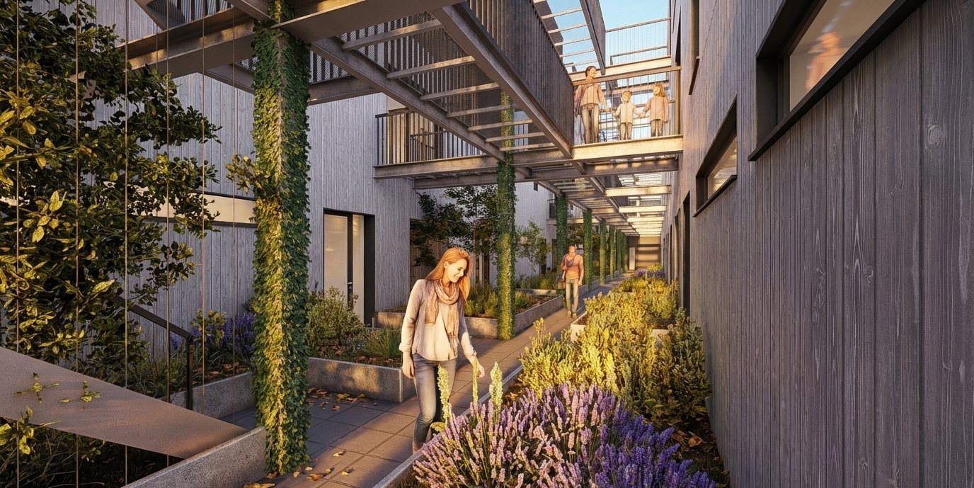 La Faille, percée végétalisée traversant le bâtiment L'Écrin Vert à Quaregnon