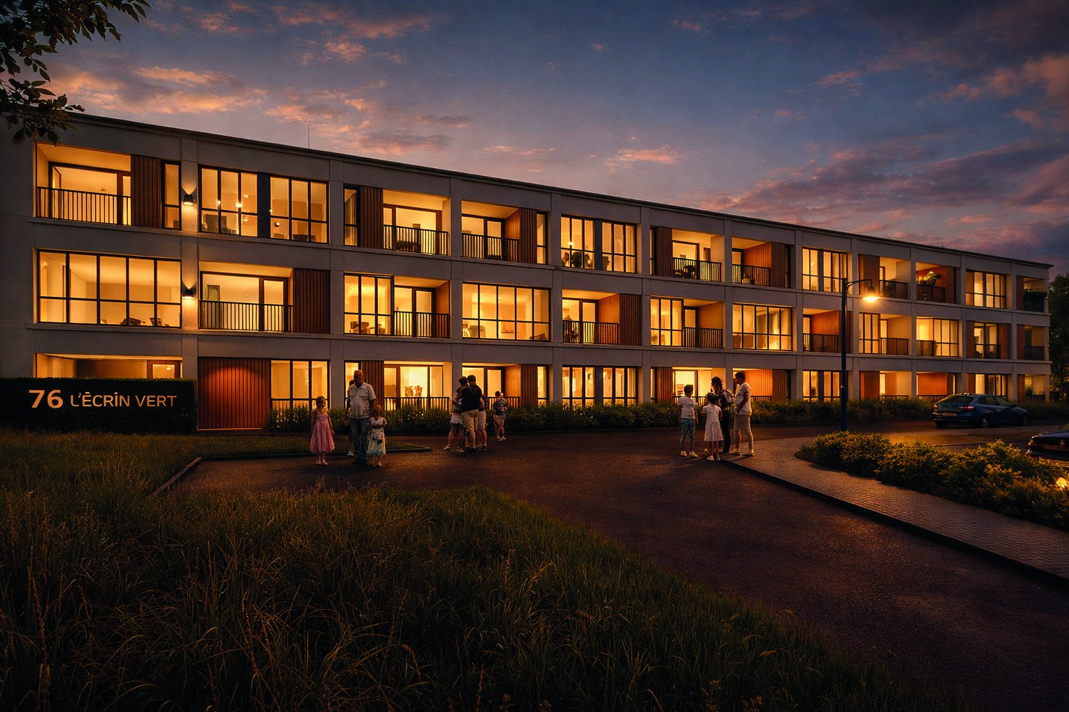 Entrée de la résidence L'Écrin Vert au crépuscule, lumières chaudes visibles aux fenêtres