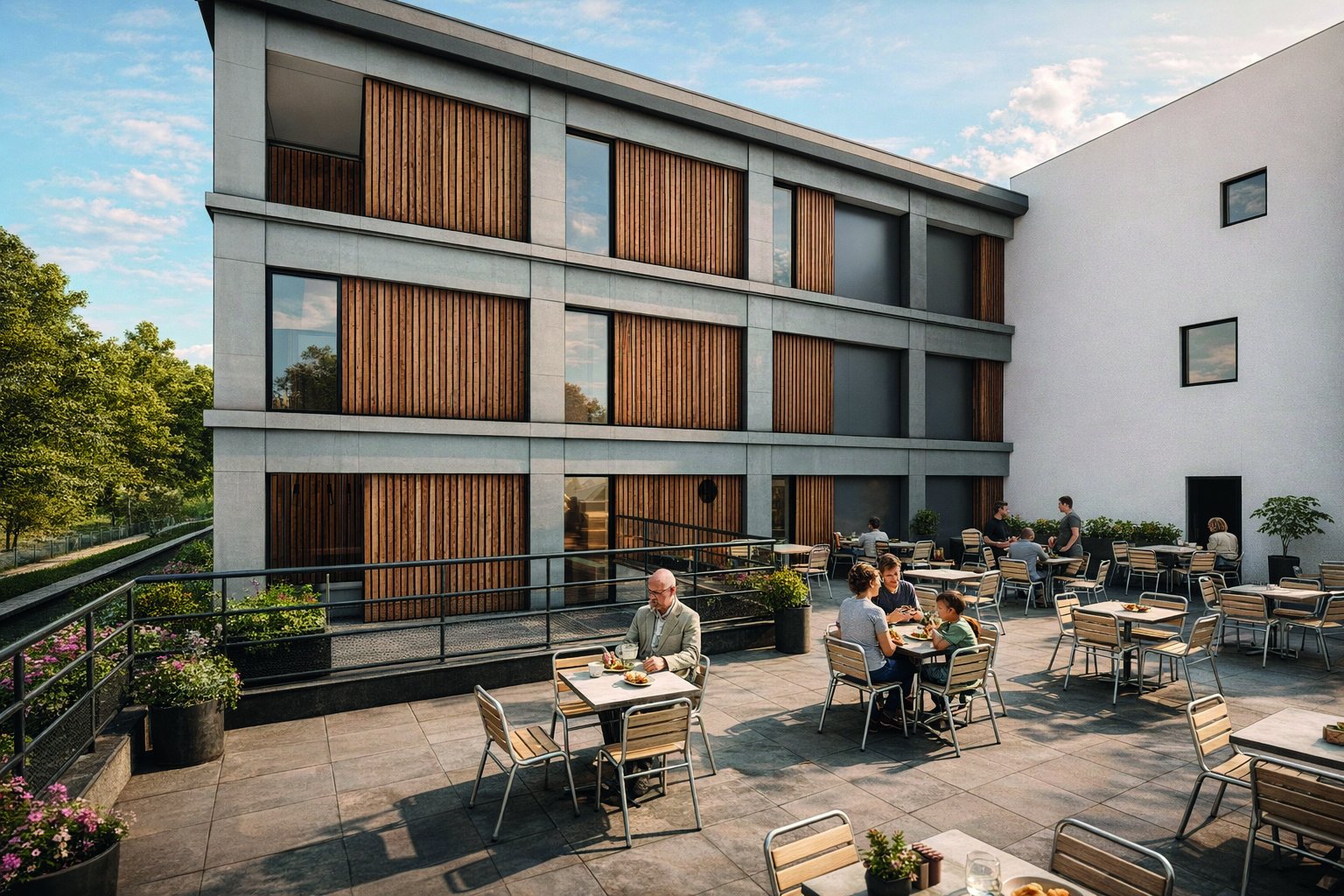 Terrasse partagée conviviale de L'Arbre de Vie, voisine de L'Écrin Vert